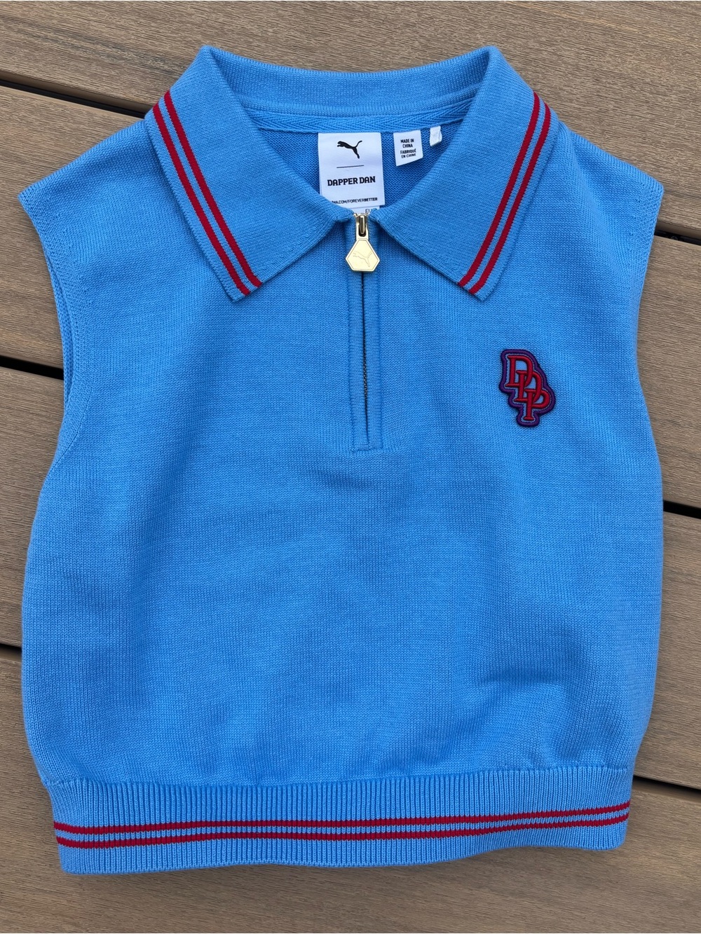 Puma Dapper Dan Sky Blue Sleeveless Zip Polo Vest with Red Trim - women's small